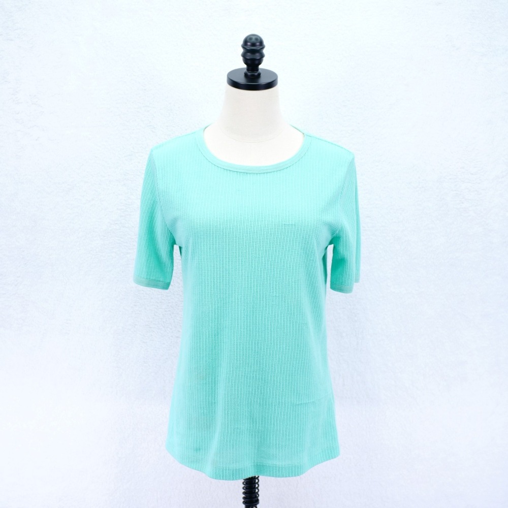 J. Crew -Medium- Ribbed Knit Teal T-Shirt Crew Neck Top Cotton Polyester Elastan
